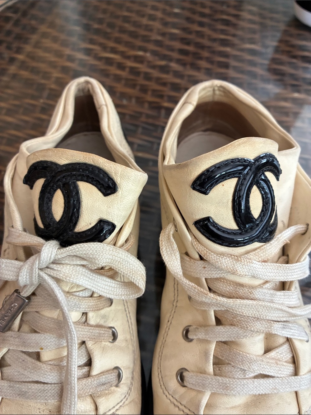CHANEL Beige and Black Lace-Up Logo Sneakers - Picture 2 of 12